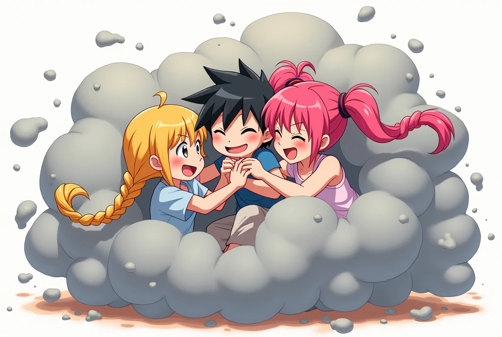 An anime-style illustration depicting two girls and  one boy playfully wrestling with each other inside a gray comical fight cloud.
each girl has different  colored hair: one with blonde braided,another  with pink ponytaile,and one boy with black short hair.
their faces,hands,and feet are visible emerging from the cloud as they tussle humorously,  with the rest of their bodies completely hidden inside the cloud.
the illustration emphasizes the humorous and energetic nature of their scuffle,with a fluffy  andexaggerated fight cloud.