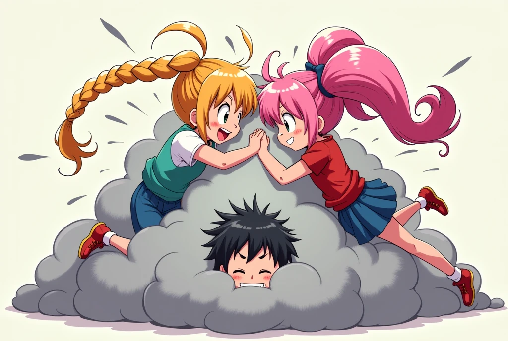 An anime-style illustration depicting two girls and one boy playfully wrestling with each other inside a gray comical fight cloud.
each girl has different colored hair: one with blonde braided,another with pink ponytaile,and one boy with black short hair.
their faces,hands,and feet are visible emerging from the cloud as they tussle humorously, with the rest of their bodies completely hidden inside the cloud.
the illustration emphasizes the humorous and energetic nature of their scuffle,with a fluffy andexaggerated fight cloud.