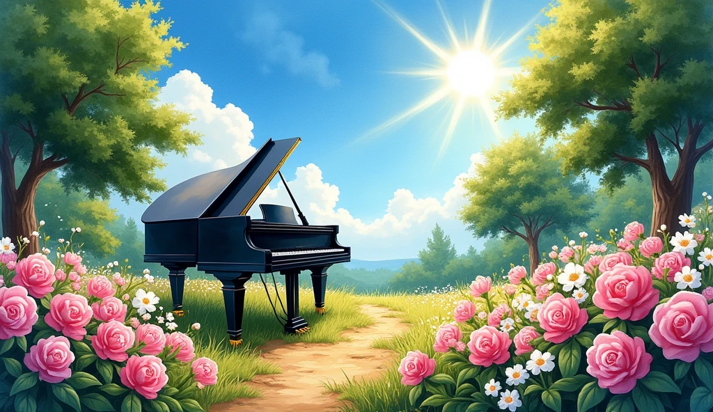 A bright August daytime view in summer. A large black grand piano is placed in a sprawling flower garden, pink and white flowers are in full bloom, and the sun shines brightly. The sky is a clear blue, with few clouds and strong sunlight casting shadows on the earth. The trees in the distance are dark green, expressing the vividness of summer. Overall, bright, warm light fills the scene, vividly depicting the beauty of nature.” Paint in the style of a watercolor painting.