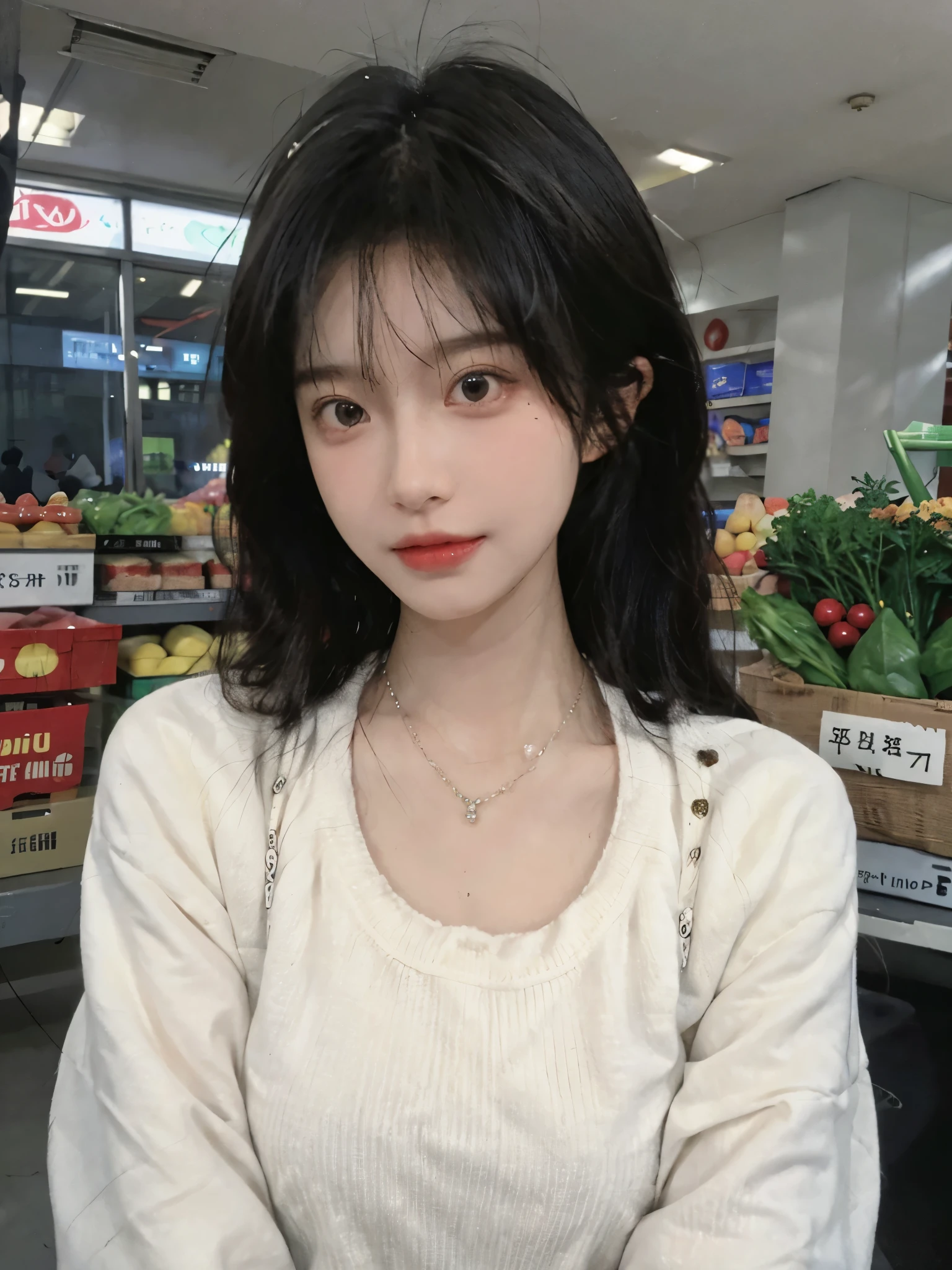 Best quality，Ultra-high resolution,(Realism:1.4)，Cute hairpins，girll,Cropped black sweater，Look directly at the audience，Full of atmosphere，Beautiful woman with a slim figure:1.4，supermarket，whole body，Super delicate face，Exquisite eyes，Double eyelids，necklace