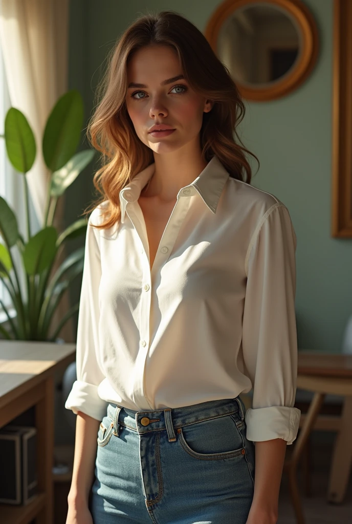 emma watson, skinny jeans, cameltoe, full body, white shirt, hard nipples, (soft lighting), realism, ​masterpiece, the highest quality, reflections, [[chromatic aberration]], best shade, photorealism, Hyperrealism
