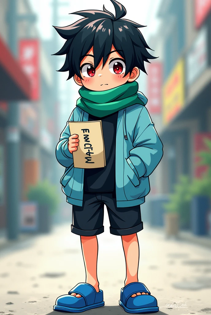 The drawing depicts a boy in an anime style with black hair, wearing a light blue hoodie over a black T-shirt, black shorts, blue slippers, black conjunctiva, red cornea, a piece of paper with the word "momobun" written vertically on it, and a tattered green scarf.