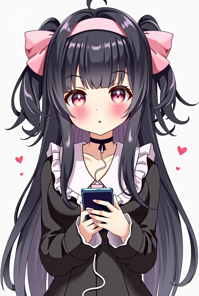 one person, Black Hair,Pink inner color,Long Hair, gauze, Heavy bangs,Half pigtails Close your mouth, Pink eyes, Droopy eyes, Open your eyes, Take a closer look, Hearts in eyes, Simple Background, ribbon, Headband, pink ribbon hair accessory, earphone, Illustration, アニメ, アニメ風, skirt,Pale skin,黒色✨長袖,Frills,Mine system,smartphone,Looking down