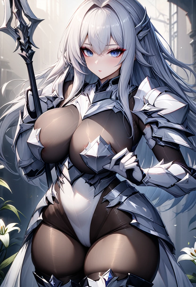 ((highest quality)), ((masterpiece)), ((hyperrealistic)), (solo), 1girl, ((curvy)), ((skindantation: 1.2)), perfect face, ((Azur Lane)), ((white lily flower armored dress)), ((white paladin armor)), ((skin-tight lily flower leotard: 1.4)), ((white knight armor breastplate)), ((skin-tight black Investigator Bodystocking)), ((pauldron)), (white long gauntlet gloves), ((silver long straight hair)), ((sagging breasts)), (tight black pantyhose thighs), ((tight thigh boots)), ((see through cleavage cutout)), ultra high leg cut, zettairyouiki, Perfect and beautiful dark blue eyes, Perfect hands, perfect fingers, makeup, cowboy shot, holding a spear in hand,