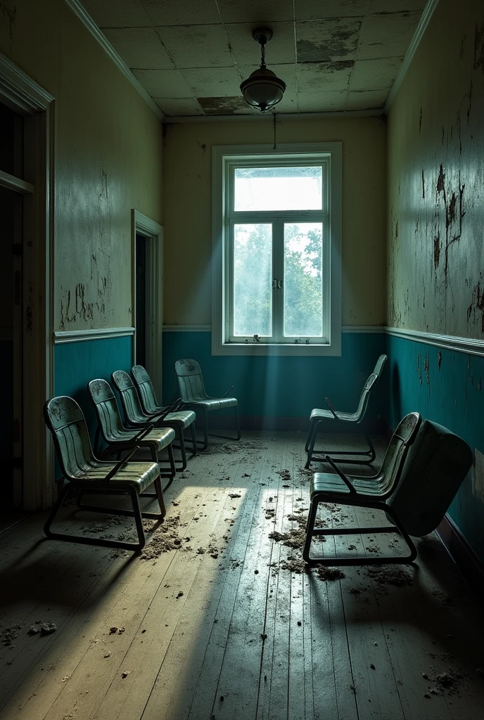 Old metal chairs turned upside down at night in the abandoned hospital lobby 