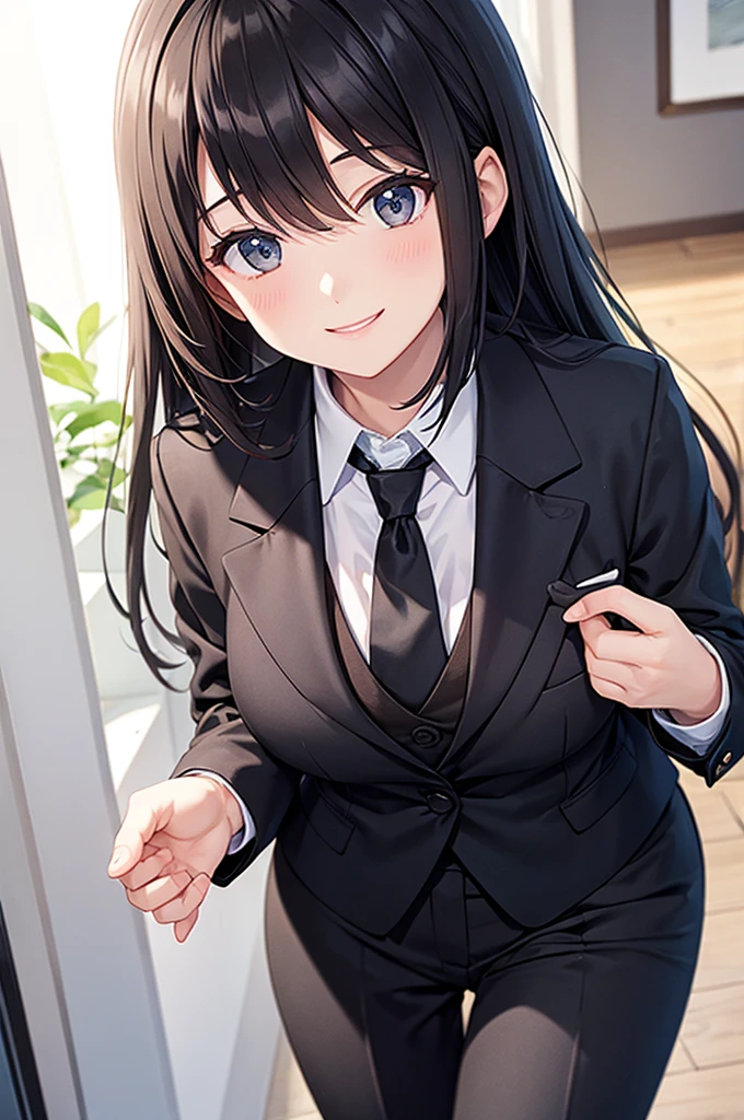 Woman in black suit tie smile