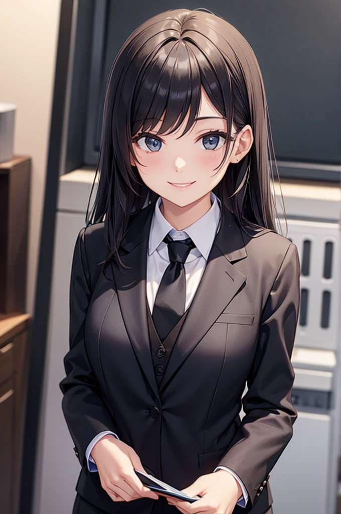 Woman in black suit tie smile