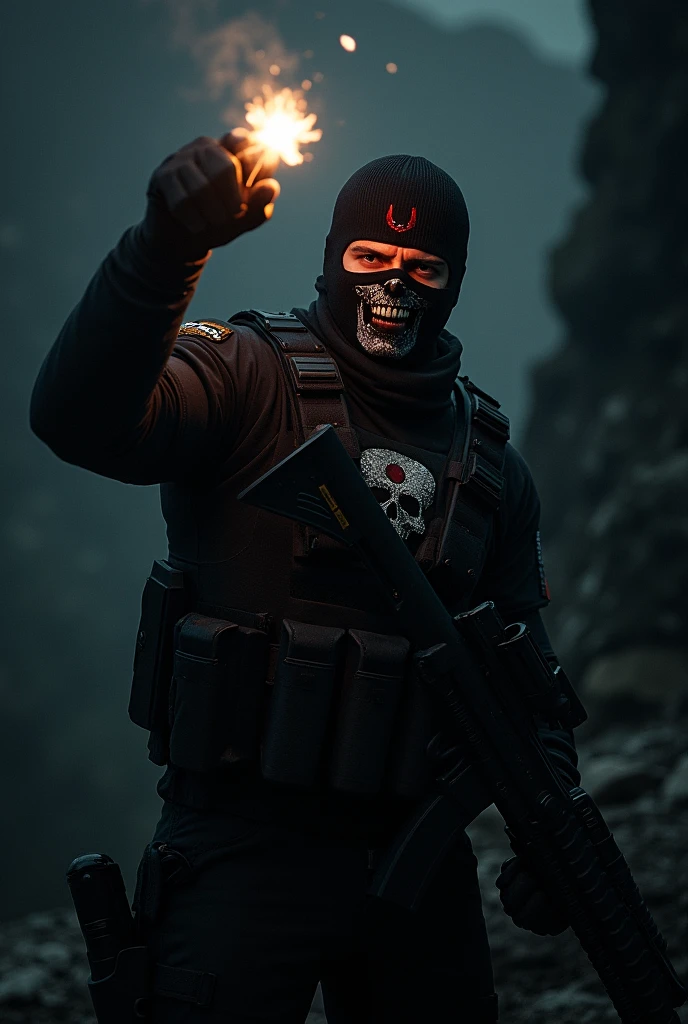 a soldier in balaclava, on which there is a red and white skull. he wears a helmet and bulletproof amour with a rifle and a lighting flare in one hand on the height of his face. the background is dark and he is barely visible
