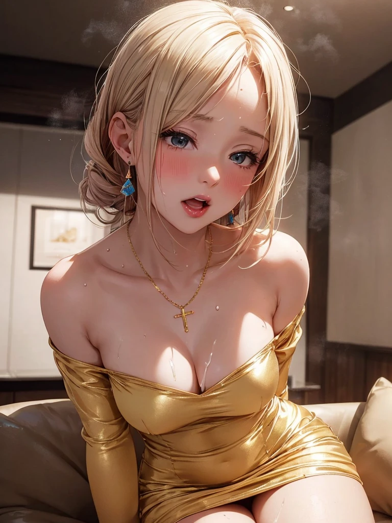 nsfw:0.5, (((HHH))), a precious special bitch hentai porn scene, Express all her emphasized feelings through her facial expressions and posing, 
ultra masterpiece, ultra high quality, spectacle scale, photorealistic:1.3, ultra high resolution, described in ultra fine detail down to the minutiae, high-quality textured, clearly, depth of field, good composition, good lighting, (close-up shot), from below,
sexy, sensuous, erotic, eros, horny, sexually aroused, craving:1.1, (panting), messy, loose, sticky slimy, (raw), shiny, glaring, luxury, (colorful), 
flashy high-end sensual hostess, celeb, (looking up and (enraptured:1.1 rapt:1.1 (half-open)) bedroom eyes to downward camera view)), 
wearing wrinkled see-through ((vivid colorful (bright color (shiny satin) tempting seductive mini dress costume))), skindentation, Wedgie, erect nipples, 
beautiful sexy face, best makeup, detailed mouth:1.1, detailed too shiny lips:1.1, large firm breasts, Delicious body, oily wet translucent skin, messy loose (updo) with side-swept bangs hair, gold simple necklace earrings, 
((blissful:1.5 ecstatic expression:1.1)), ((blush)), (((sweat))), a little particle sweat drops, (((steam))), ((sigh)), (((((ecstasy))))), ((((orgasm)))), (((ahegao))), cum on body,
celebrity high-end night bar lounge, sit on the luxury sofa, Give me her special H service that captivates me, ecstatic attentive escort service energetically, Her sexual desire has increased, Her sexual energy has increased, Anyway she is a very intense pervert, あっはーん, 