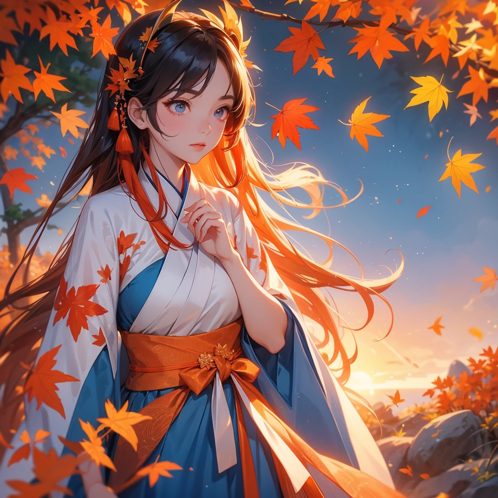 A beautiful female in blue hanfu dress , walking in the mountain that turns orange-red in spring, and maple leaves fall from the trees.close up. Sunset.
