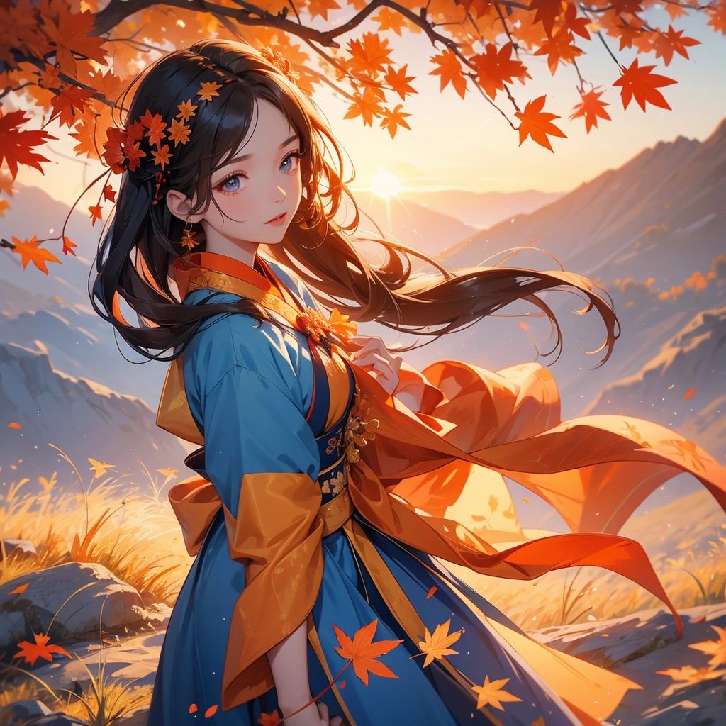 A beautiful female in blue hanfu dress , walking in the mountain that turns orange-red in spring, and maple leaves fall from the trees.close up. Sunset.