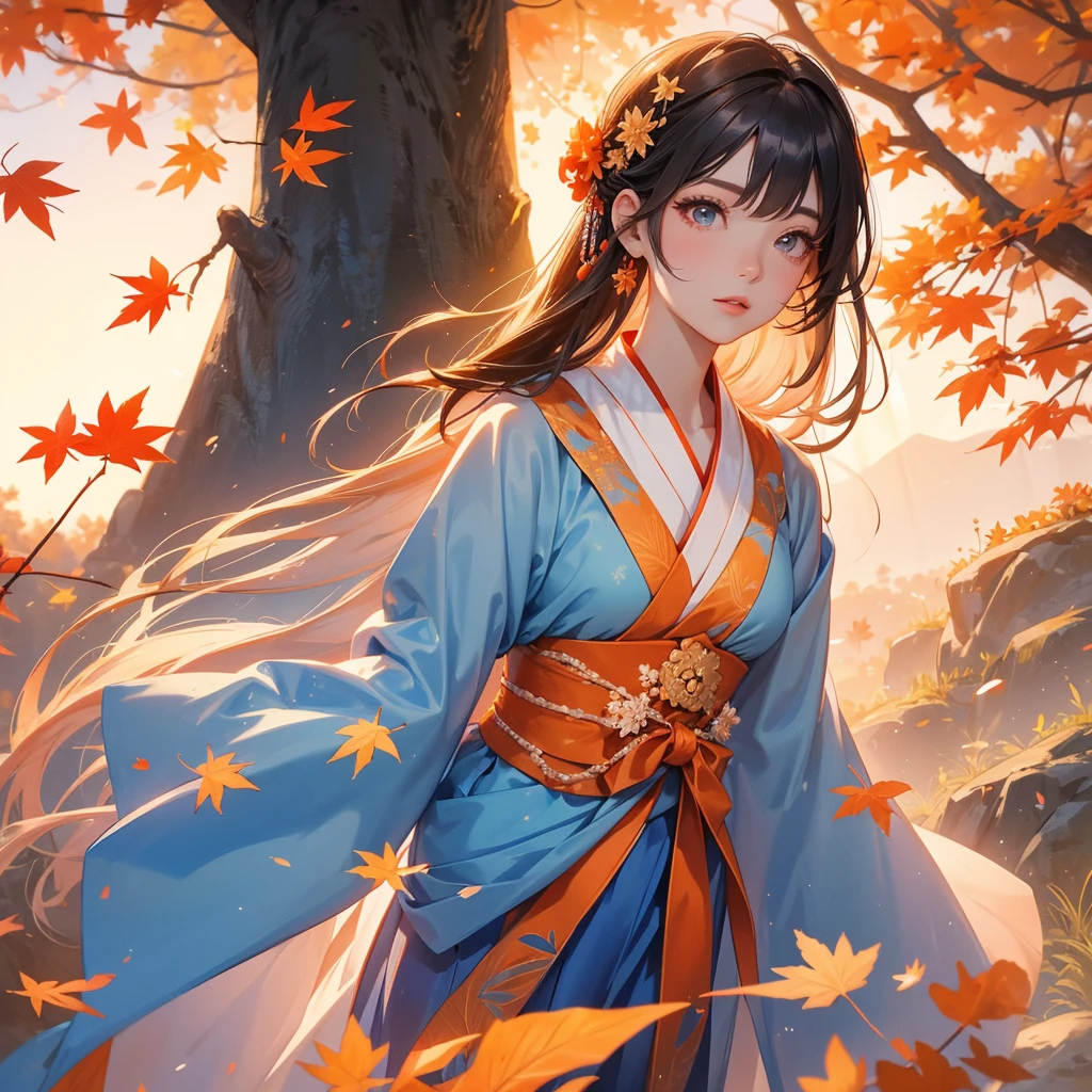 A beautiful female in blue hanfu dress , walking in the mountain that turns orange-red in spring, and maple leaves fall from the trees.close up. Sunset.