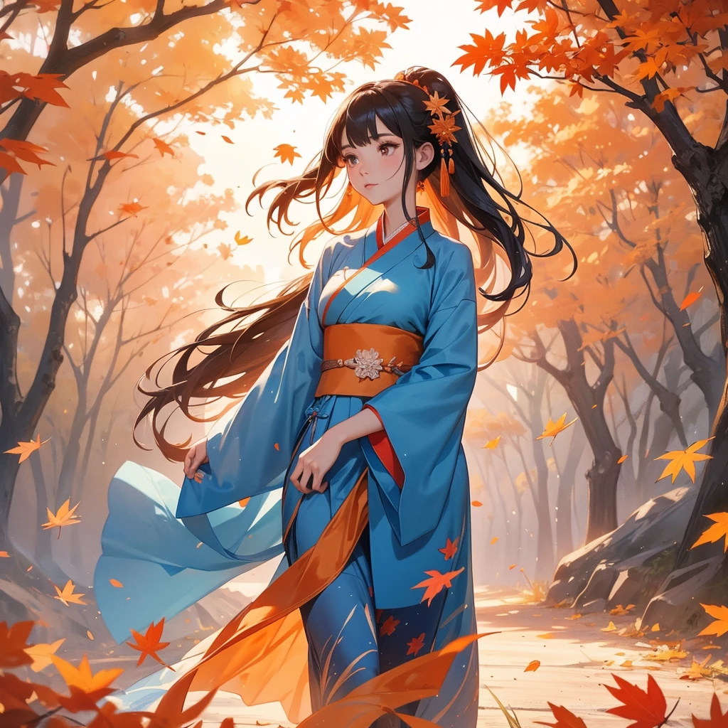 A beautiful female in blue hanfu dress , walking in the mountain that turns orange-red in spring, and maple leaves fall from the trees.close up. Sunset.