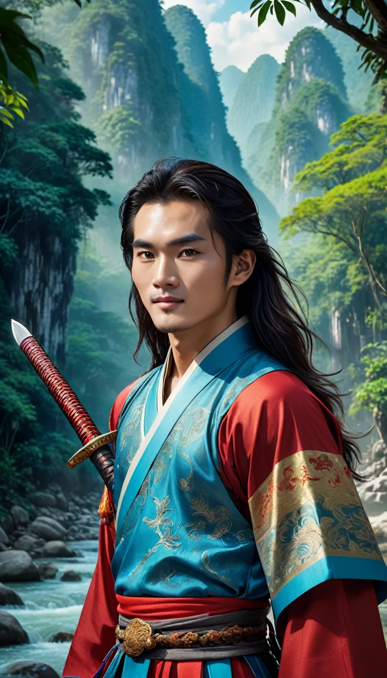 Character Lenh Ho Xung, work Tieu Ngao Giang Ho by Kim
Dung, China, ancient swordplay film. handsome young man, long hair, brown skin, very handsome makeup, hair with spiritual accessories, wearing ancient Chinese costumes of blue and red brocade in many colors, holding ancient weapons, wearing jewelry care, smiling face, using high-end cosmetics. The photo shows a gentle, graceful look, strong spirit, the boy's eyes look straight into the lens. The background is the rocks on the river surrounded by trees, limestone pillars, mountain river trees, majestic natural scenery, beautiful Vietnamese jungle, beautiful nature in the background, Chinese scenery, forest and river, very beautiful scenery, beautiful jungle scenery, wonderful scenery, trees and cliffs. Background of the river forest, mountain forest scenery, beautiful jungle, blue sky, white clouds. Hong Kong cinema style. Cinematic light, high detail, 8K, artstation, artistic concept, any virtual darkness. Photo taken with Canon EOS R5 85mm f/11 camera, sharp mode of people and surroundings. Photo quality 8K, realistic, masterpiece, sharpest and highest contrast, amazing depth of field, stereoscopic light, strong and fierce emotion, detailed pore defect, Direct light on face, bright sunlight.