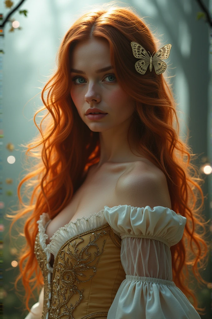 (solo, full body photo:1.3), (action packed:1.3), (haze, fog, mist:1.3), chiaroscuro, best quality, photorealistic, 1woman, (cute), (24yo:1.2), redhead, long ginger hair highly detailed, 1700'S, digital photography, art by artgerm and ruan jia and greg rutkowski surreal painting gold butterfly filigree, broken glass, (masterpiece, sidelighting, finely detailed Fashionable eyes: 1.2) (perfect oval large eyes that gazes at the viewer), beautiful detailed face, blue gorgeous perfect eyes, (blonde hair ponytail), (attractive young woman:1.3), (thick amazing hair), (seductive:1.1), (blushing:1.1)