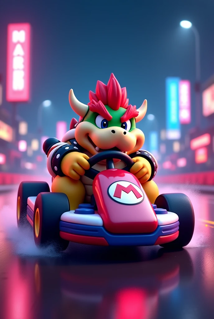 ((32k UHD HDR RAW HIGH DETAIL, CINEMATIC ART)) Create a captivating scene with [a Mario Kart cup] featuring a chibi version of ((King koopa Bowser)), designed by PivArts, racing in a kart on the track. Pay special attention to his facial expressions, making them cute and intriguing. Set the scene in a midnight atmosphere, adding depth and aesthetics to the image. The background should be a flat color vector with neon accents, resembling a “Bloodthyrstdark” style. Capture the scene with professional photography under low lighting conditions, using a middle distance shot for sharp focus. The artwork should be hyper-detailed and rendered in digital art, achieving a concept art quality that aligns with the standards of SeaArt2.1, film grain sharp photo style fujifilm XT3 