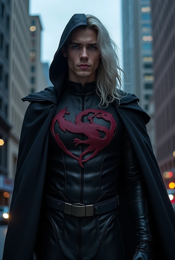 A modern superhero looks like Rhaegar Targaryen. He has black superhero outft with large hood and emblem of wine red three head dragon. He looks like assasin. He has very long white hair and violet indygo eyes. He has clear face with no facial hair or wrikles. He looks strong, young and helthy.