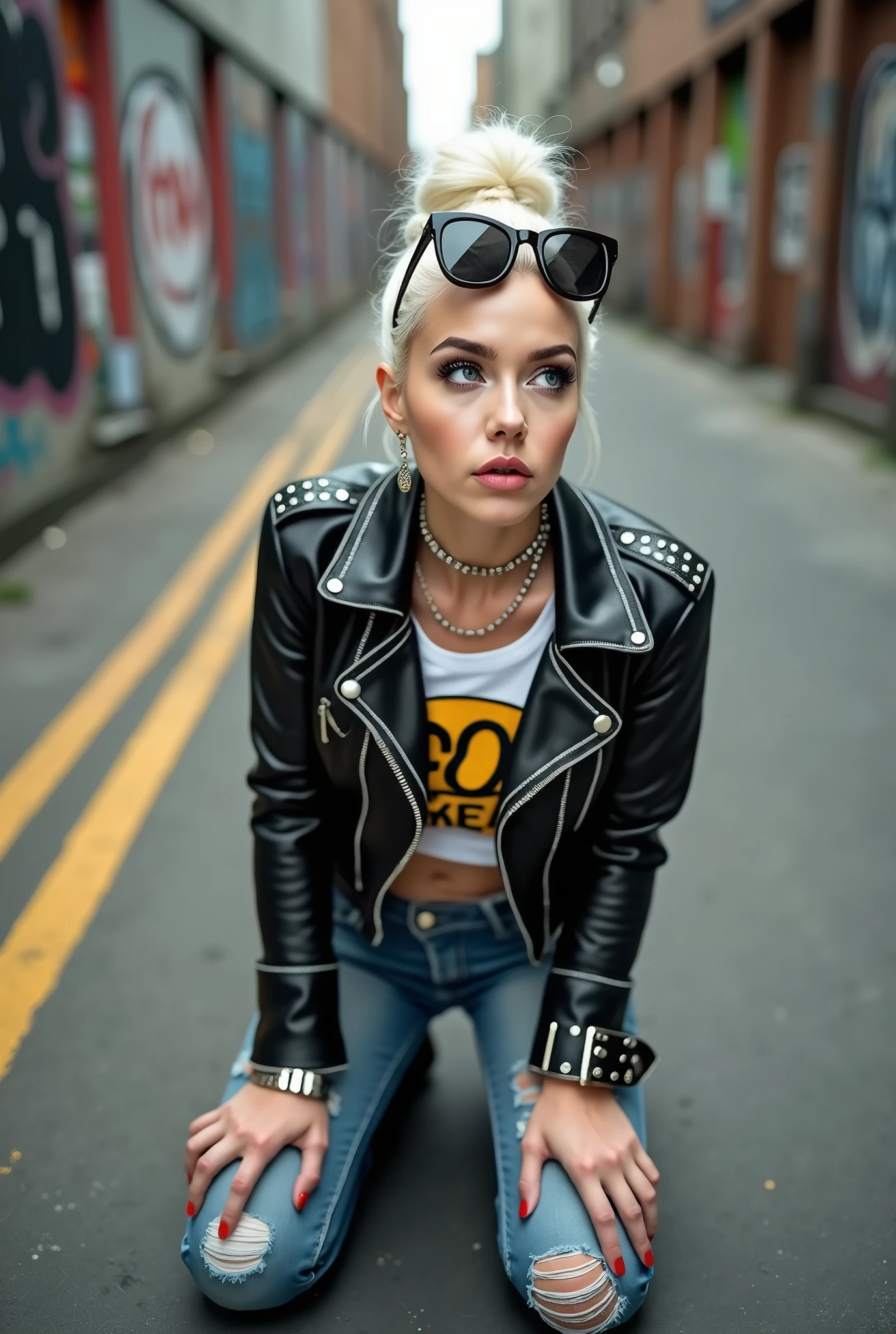 russian old milf woman, platinum blonde hair (huge top bun) and sunglasses as headband (big maxi glasses), with very light blue eyes, extremely pale. Wearing cropped black moto jacket with white seams and lots of pins and zippers, white cropped t-shirt with rock band logo, dark grey jeans with holes in knees and pointy Chelsea boots with cuban heels . Lots of metallic bracelets and collars. Tacky leather belt with oversized buckle. Long earrings. Kneeling in a payer, looking up, eyes and mouth wide open in amazement. Hands touching the ground. Listening in amazement to somebody speaking to her, toned six pack abdominals, thin legs and thin arms