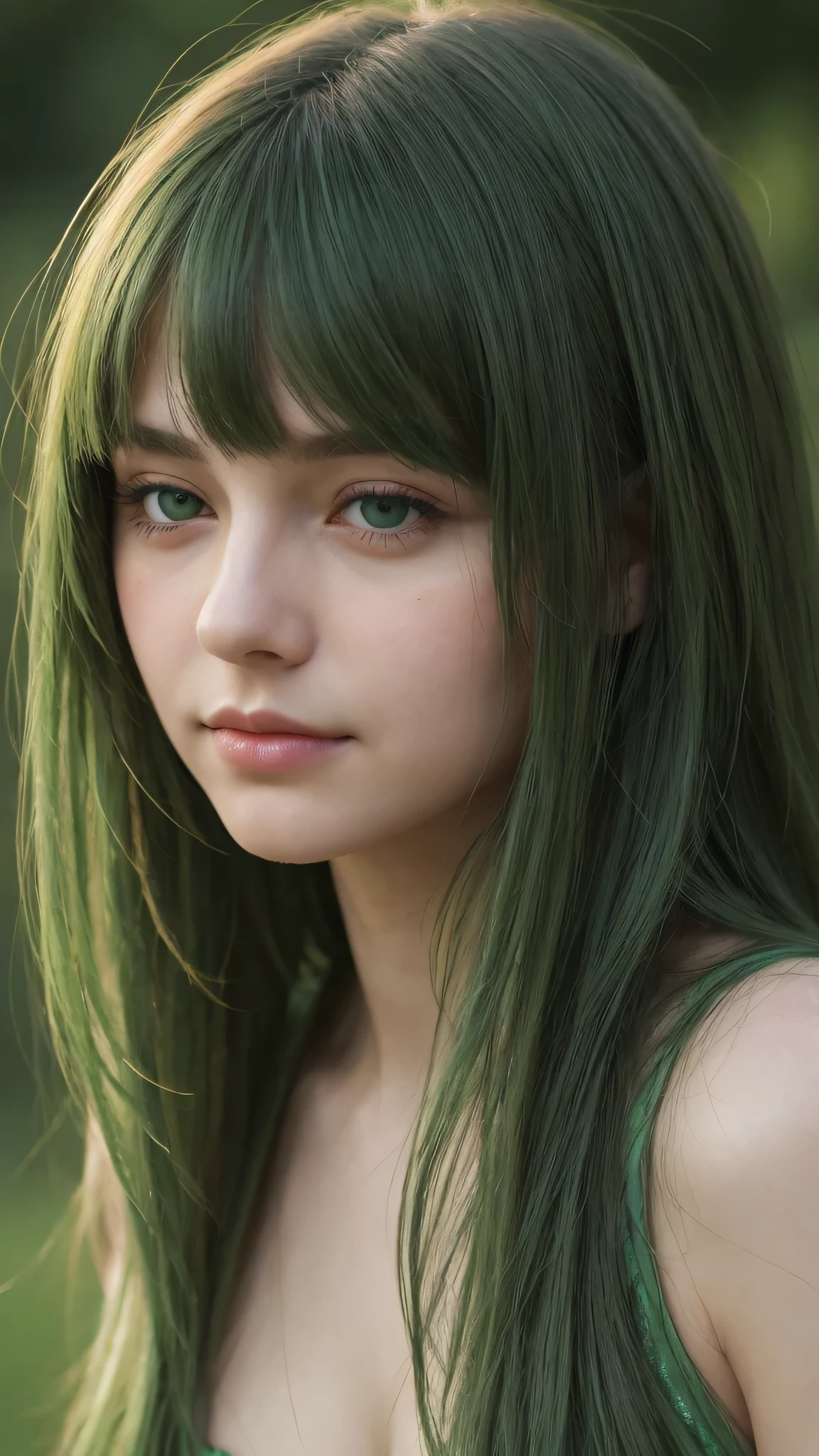 a girl. European. Extremely detailed face. Oval face. Delicate facial features. Half-closed eyes. Long straight hair. Messy hair. Bangs. Green hair. Green eyes. Lustful expression. sad mood. slight smile