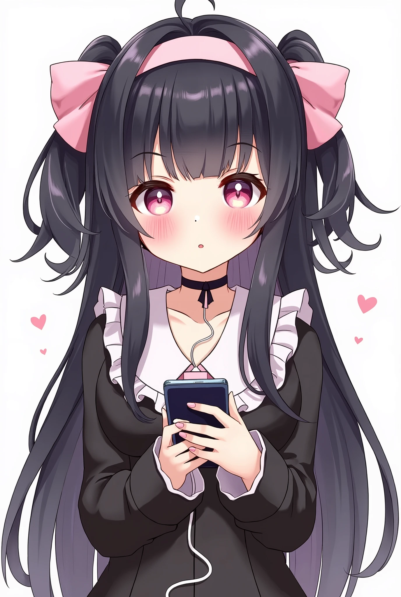 one person, Black Hair,Pink inner color,Long Hair, gauze, Heavy bangs,Half pigtails Close your mouth, Pink eyes, Droopy eyes, Open your eyes, Take a closer look, Hearts in eyes, Simple Background, ribbon, Headband, pink ribbon hair accessory, earphone, Illustration, アニメ, アニメ風, skirt,Pale skin,黒色✨長袖,Frills,Mine system,smartphone,Looking down