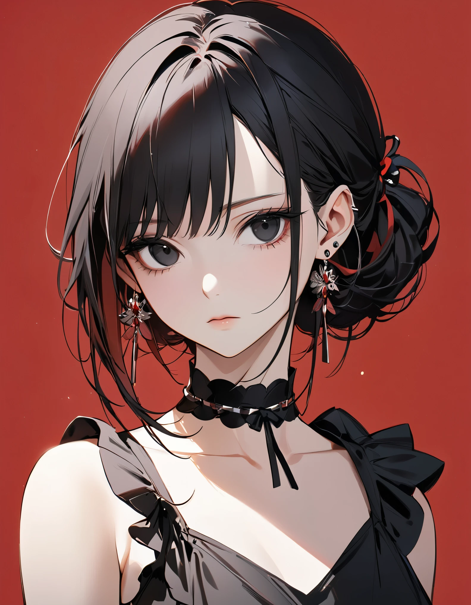 best quality, beautiful, hair tie, 8K, expressionless, side body, head tilt look view, black eyes, slim, dress, earrings, choker, concept, red background