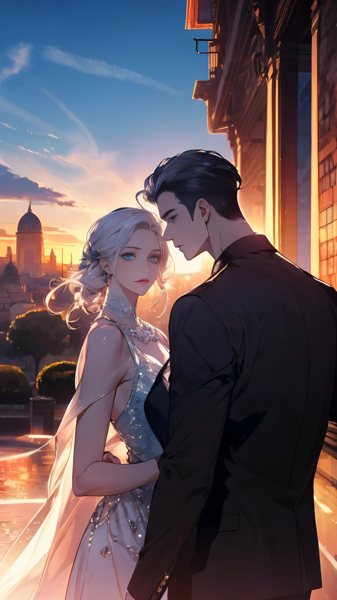 จักรพรรดิromeันคอนสแตนตินมหาราช((Black-haired man,blue eyes)). The great emperor and the beautiful woman named Serdika((White-haired woman,blue eyes)),Face details, High Definition Details, beloved by the จักรพรรดิromeันคอนสแตนตินมหาราช. Happy couple. The bond of eternal love. Mutual love. Pure Love. romantic, sunset, Only return, Realistic, fresh breeze of early summer.“romeของฉันคือเซอร์ดิกา” ด้วยความรัก.rome.งดงามและmelodic. Amazing. With admiration for Sofia, Bulgaria.epic. melodic.Amazing , View background. in the city. It's so beautiful.. high resolution. High quality. high resolution. digital art. It's so beautiful.. high resolution. High quality. high resolution. digital art.