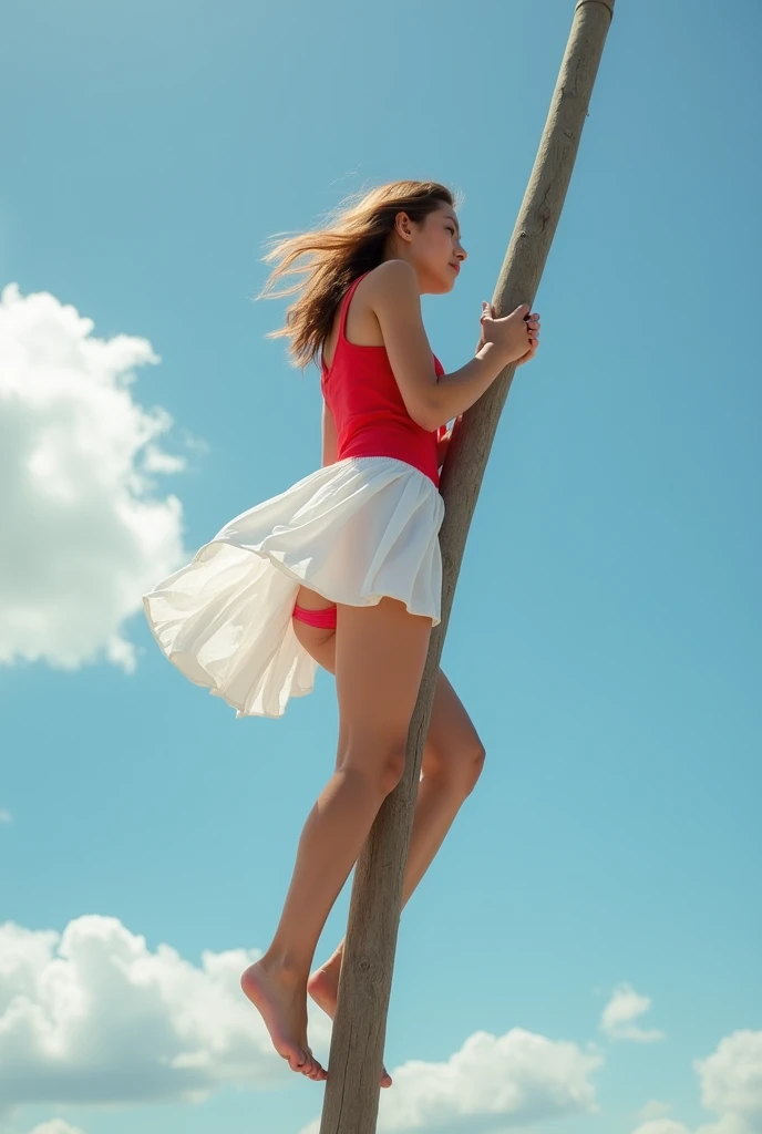 A beautiful woman climbs a tall pole wearing a red tank top and a white short skirt blowing in the wind., Inside the skirt you can see pink underwear