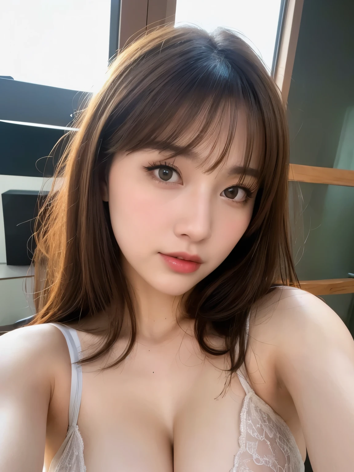 (Photorealistic、Masseter muscle area、Highest quality、High resolution、RAW Photos)、（full body, no cloth, glamorous body）Realistic、Bright lighting、Face Light、Smooth Professional Lighting、pretty girl、Beautiful woman、Modeled、gravure、natural makeup、so beautiful、Realistic and beautiful skin, Beautiful and detailed、Detailed face、Large Breasts++、Cleavage、(Random Hairstyle、random colored hair、bangs, Brown eyes, sexy face, looking at the camera)、take a picture, Seductive Pose, cowboy shot, angle from below, (high quality lingerie, Luxury lingerie,Random Color Lingerie) ,dynamic pose,look of impending kiss+++