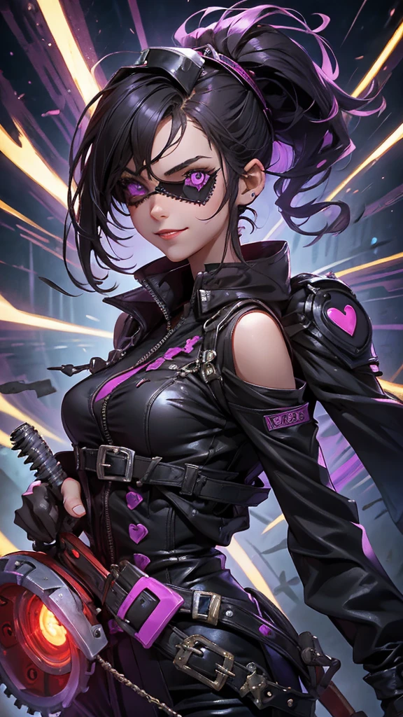 A beautiful girl wearing a black high-necked punk nurse outfit（20-year-old）A person with short purple-highlighted black hair, wearing an eyepatch with a heart on it, holding a small chainsaw and smiling.