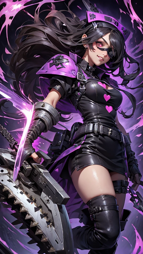A beautiful girl wearing a black high-necked punk nurse outfit（20-year-old）A person with short purple-highlighted black hair, wearing an eyepatch with a heart on it, holding a small chainsaw and smiling.