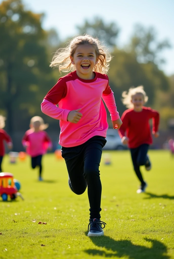  run fast with pink red jersey and black long pants 