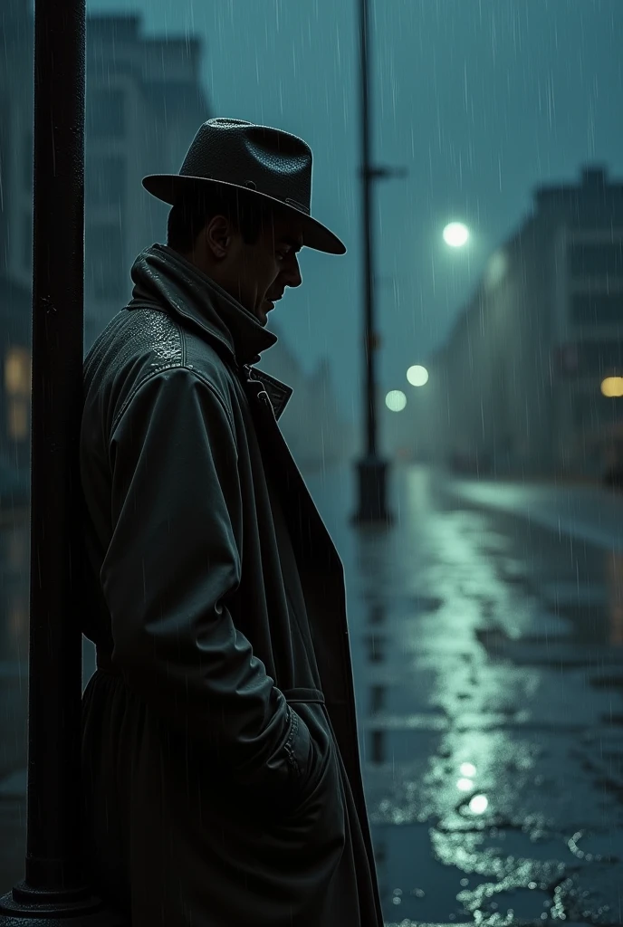 A man in rain drinking coffee