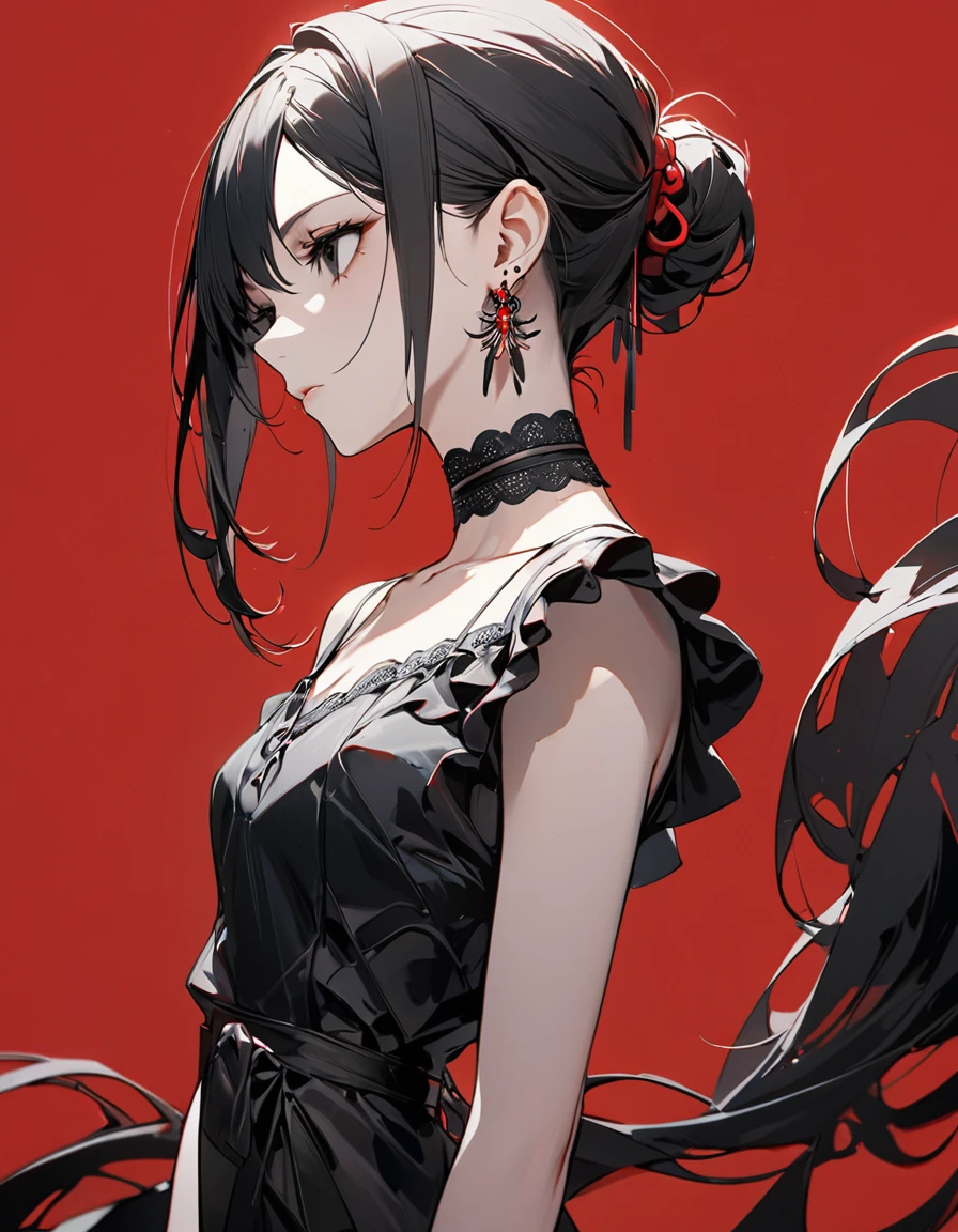 best quality, beautiful, hair tie, 8K, expressionless, side body, head tilt look view, good anatomy, black eyes, slim, dress, earrings, choker, concept, red background