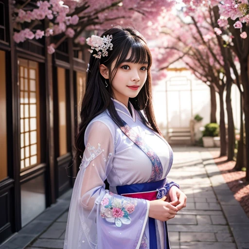 Sideways photo,best quality, Delicate face,beautiful visual work, lifelike, eternity, black hair, Long curly hair, blunt bangs, Smile, Detailed Background, Delicate face,blush,cold,((masterpiece))、(top quality)、8k、high detail、Super detailed,31 years old female,Wearing Tang Dynasty Hanfu、waist skirt, Clothes are light and fluffy,Hanfu, wide sleeves, Transparent sleeves, Tunic, Clothes made of chiffon, Seductive and whimsical style、masterpiece、born、Scenes resembling fairy tale illustrations、Intricate details and complex designs、Beautifully、magic、capricious、 Beautifully、Dream aesthetics、「𝓡𝓸𝓶𝓪𝓷𝓽𝓲𝓬、ethereal、charming、fickle、magic」、Realism、Visual effects、FXAA、SSAO、Shaders、voiceless、ambient lighting、Tone mapping、High resolution、Ultra high quality、Million pixels、(8K resolution:1.10)、8k、Below 8K、8K resolution、high detail、intricate details, (high quality:1.2、masterpiece:1.2、:1.21)、(31 years old female:1.21)、(Smile excitedly)、(full-body shot,Normal 2 feet,Put your hands behind you,The protrusion of the breast is visible when wearing clothes, Large Breasts, H cup chest, antiquity, Xian Xia, gauze clothes, Soft and fluttering, Fairy, dream, fantasy, light, elegant, nature, Immortal, romantic, classical, ribbon, light purple clothes, In the Forbidden City corridor,Chinese Palace Corridor,imperial palace,Palace corridor