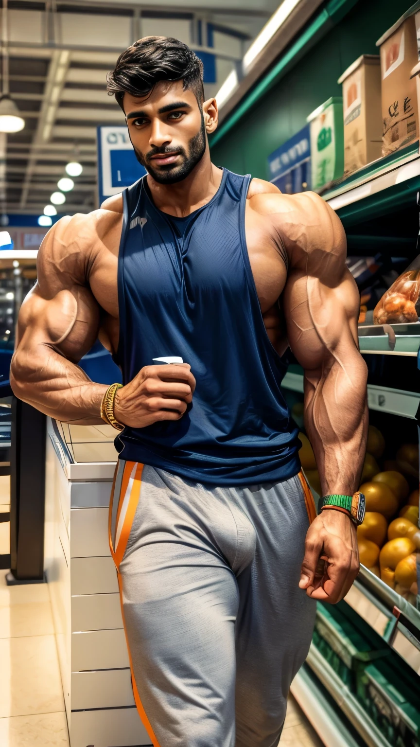 Handsome tall masuculine bodybuilder 30 years old INDIAN GURJAR with huge bulge doing shopping in supermarket weared Gym tank outfit shaker tumblr in hand, wrist indian band 