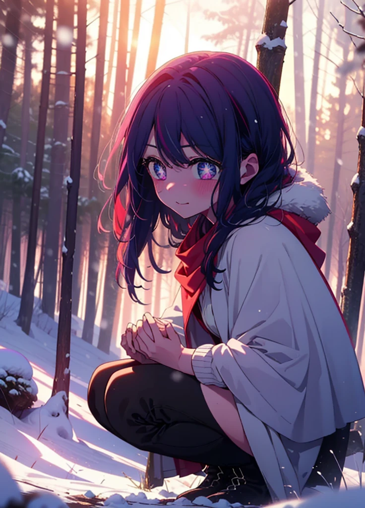aihoshino, Ai Hoshino, Long Hair, bangs, (Purple eyes:1.1), Purple Hair, (Symbol-shaped pupil:1.5), smile,,smile,blush,white breath,
Open your mouth,snow,Ground bonfire, Outdoor, boots, snowing, From the side, wood, suitcase, Cape, Blurred, , forest, White handbag, nature, Squat, Mouth closed, Cape, winter, Written boundary depth, Black shoes, red Cape break looking at viewer, Upper Body, whole body, break Outdoor, forest, nature, break (masterpiece:1.2), Highest quality, High resolution, unity 8k wallpaper, (shape:0.8), (Beautiful and beautiful eyes:1.6), Highly detailed face, Perfect lighting, Highly detailed CG, (Perfect hands, Perfect Anatomy),