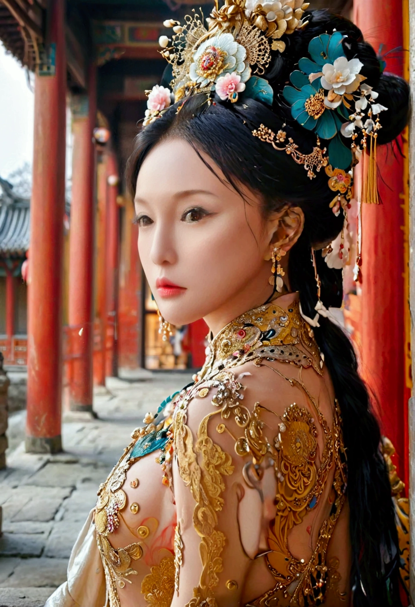 The Qing Dynasty woman is naked and has slightly large breasts., Pose on all fours, You can see her sticking out her butt from the side., The background is outside of a Qing Dynasty palace