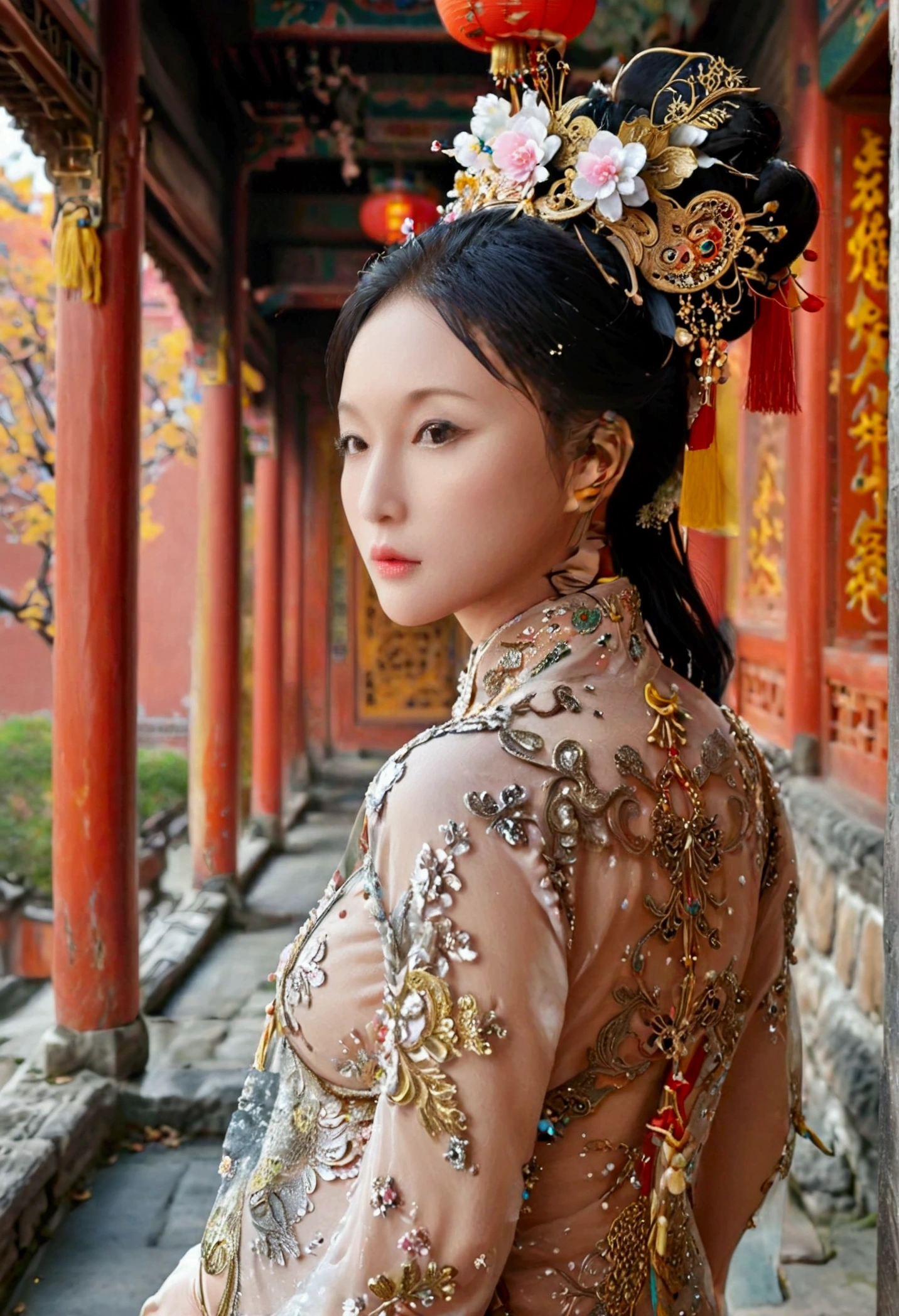 The Qing Dynasty woman is naked and has slightly large breasts., Pose on all fours, You can see her sticking out her butt from the side., The background is outside of a Qing Dynasty palace