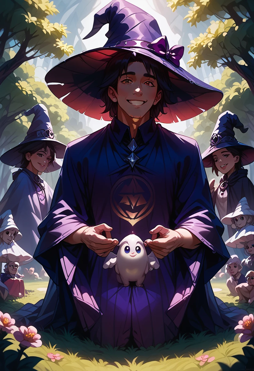 Masterpiece, best quality, wizard tea party, chibi, handsome male witch, beautiful witch, highly detailed realistic eyes, happy, vibrant, colorful,