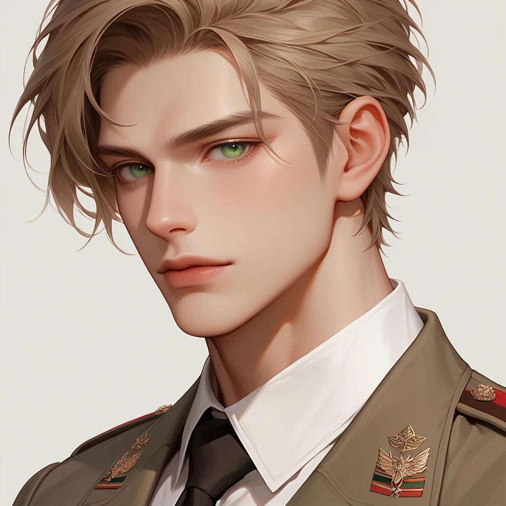 man, brown military haircut, green eyes, was thick and tall, and had yellowish-white skin, wear a white shirt. Half-Russian-Japanese, muscular, close up, portrait