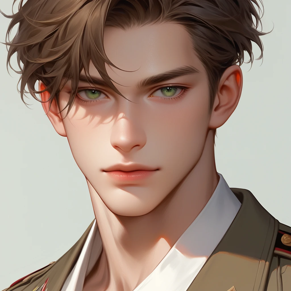 man, brown military haircut, green eyes, was thick and tall, and had yellowish-white skin, wear a white shirt. Half-Russian-Japanese, muscular, close up, portrait