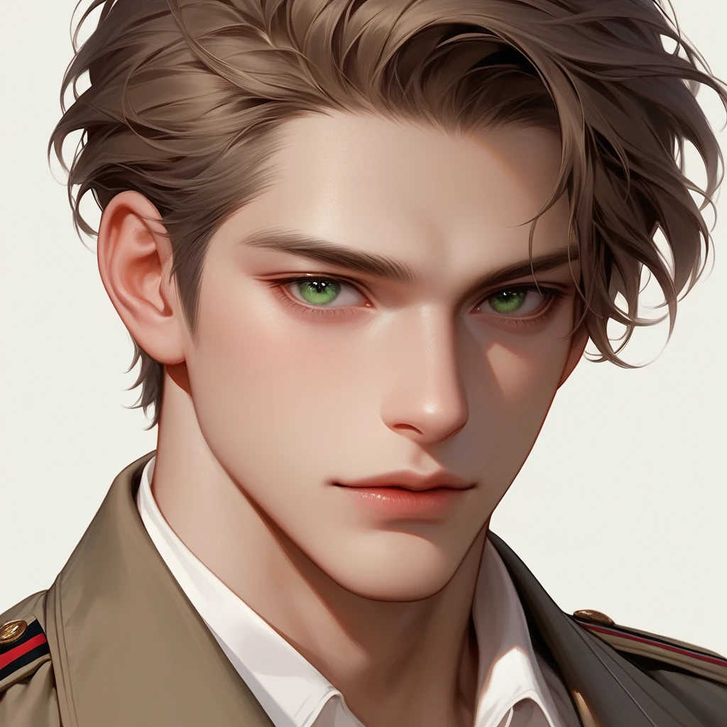 man, brown military haircut, green eyes, was thick and tall, and had yellowish-white skin, wear a white shirt. Half-Russian-Japanese, muscular, close up, portrait