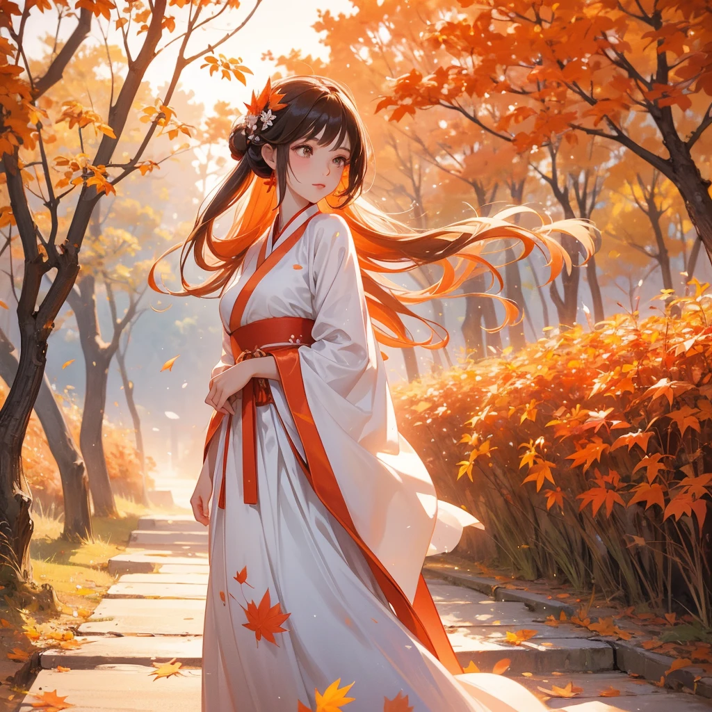 A beautiful female in white hanfu dress , walking in the mountain that turns orange-red in spring, and maple leaves fall from the trees.close up. Sunset.