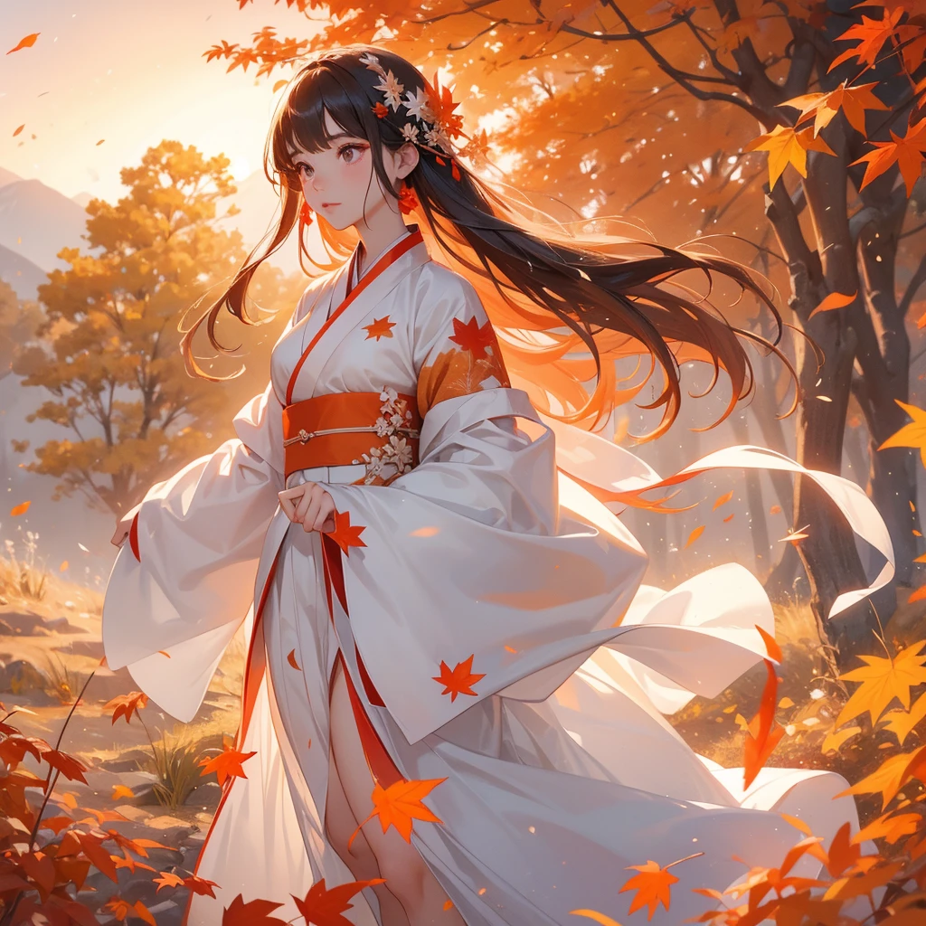 A beautiful female in white hanfu dress , walking in the mountain that turns orange-red in spring, and maple leaves fall from the trees.close up. Sunset.