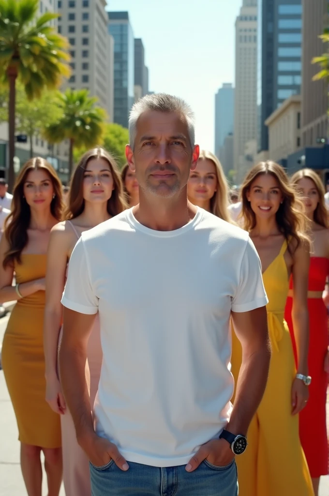 Crie um homem grisalho de cabelo curto vestindo camiseta branca, usando relógio e calçando sapato social. Crie também em volta dele varias mulheres bonitas.