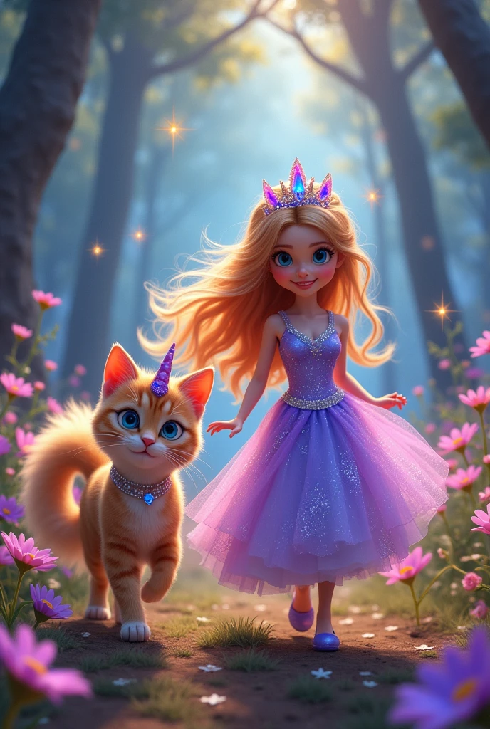 Animated cat with a unicorn and a princess
