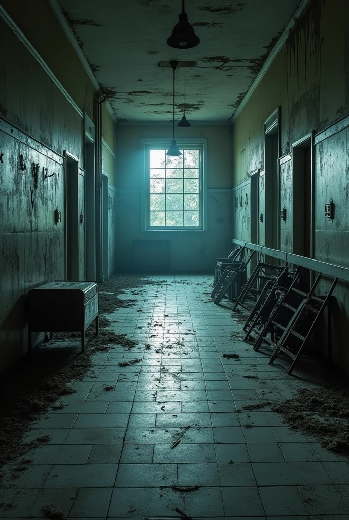 Old metal chairs turned upside down at night in the abandoned hospital lobby 