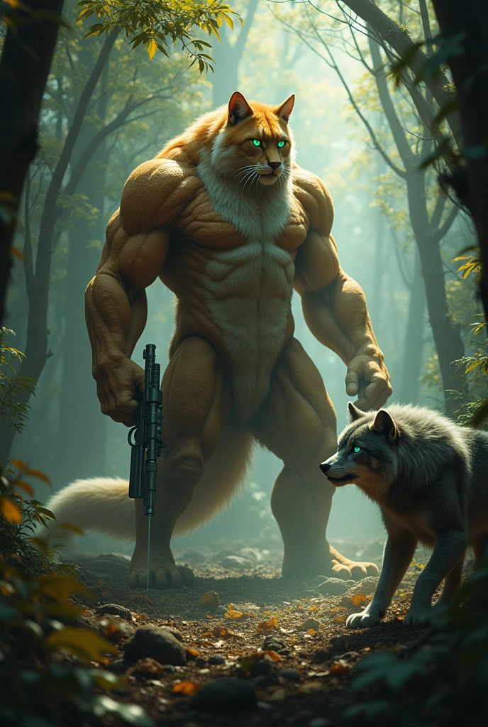 big giant wild cat. He has a gun in his chest.. He fights in the forest with a huge wolf..