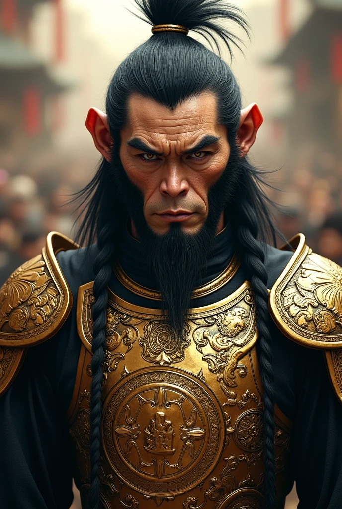 Sun Wukong, the legendary Monkey King, adorned in intricate full body armor with a striking gold and black color scheme. Hyper-realistic photography capturing every detail of his fierce expression and battle-ready stance. Cinematic lighting dramatically illuminates the ornate patterns on his armor and highlights his iconic features. Ultra-high resolution rendering showcasing minute details such as individual hairs, armor engravings, and textured fabrics. Masterfully created in Unreal Engine for photorealistic quality. 
