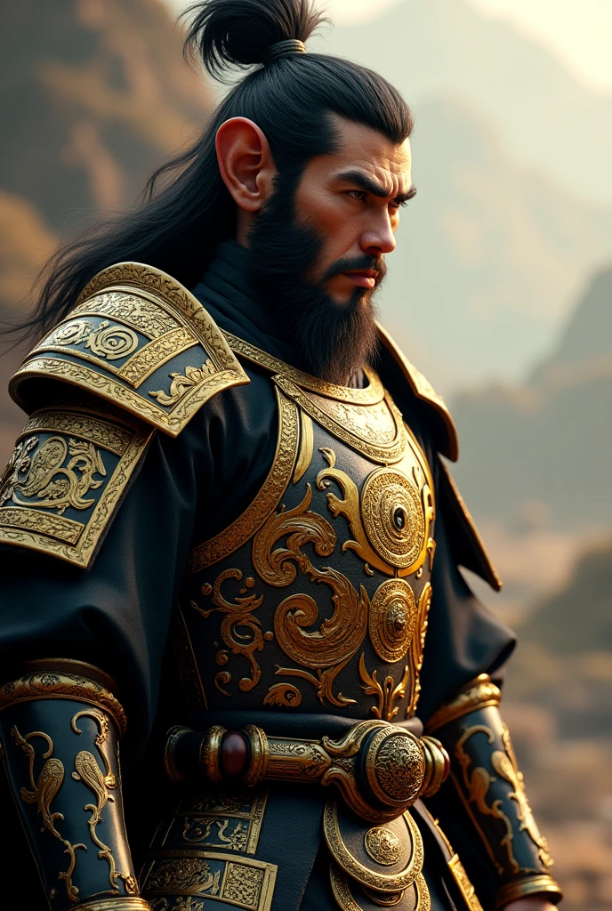 Sun Wukong, the legendary Monkey King, adorned in intricate full body armor with a striking gold and black color scheme. Hyper-realistic photography capturing every detail of his fierce expression and battle-ready stance. Cinematic lighting dramatically illuminates the ornate patterns on his armor and highlights his iconic features. Ultra-high resolution rendering showcasing minute details such as individual hairs, armor engravings, and textured fabrics. Masterfully created in Unreal Engine for photorealistic quality.